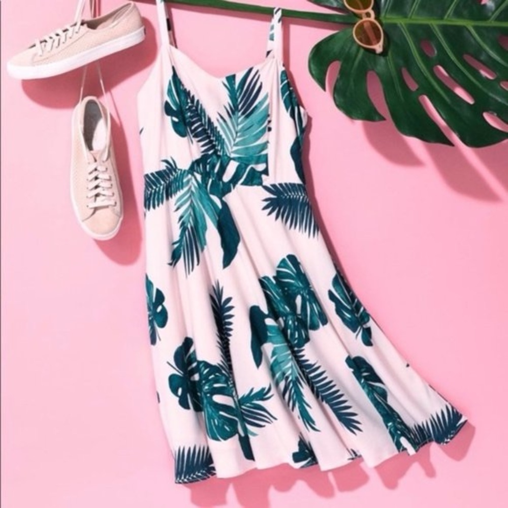 Old Navy Tropical Palm Leaf Cami Mini Dress Pink Green XS